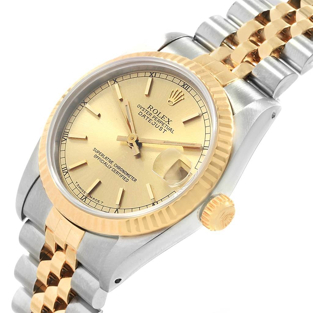 The image shows a close-up, angled view of a Rolex Datejust Mid-Size watch, highlighting its dial, bezel, crown, and bracelet.