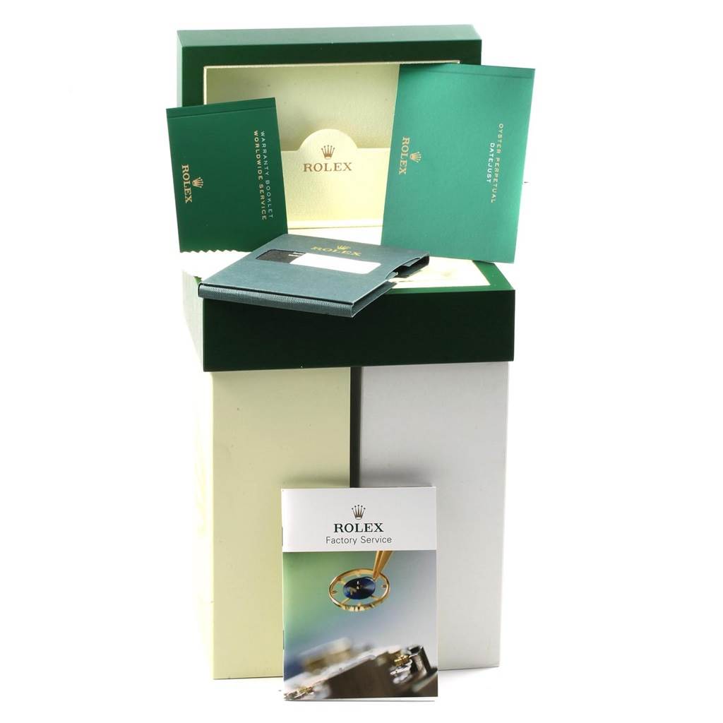 The image shows the packaging and manuals of a Rolex Mid-Size 178384 Men's Stainless Steel Silver Dial 178384 Men's Stainless Steel Silver Dial model, including the box, warranty booklet, and service booklet.