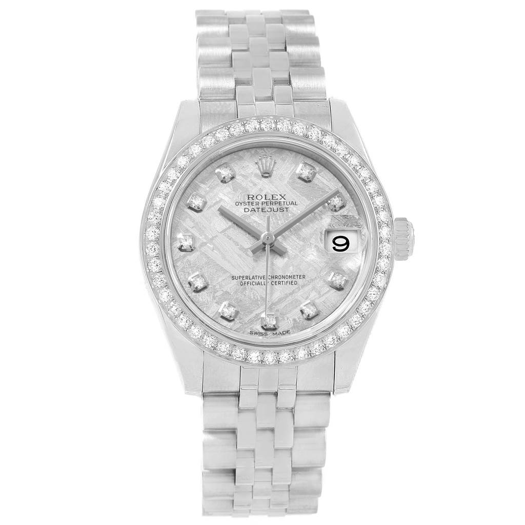 The image shows a frontal view of the Mid-Size Rolex Oyster Perpetual Datejust watch, displaying the face, bezel, and bracelet.