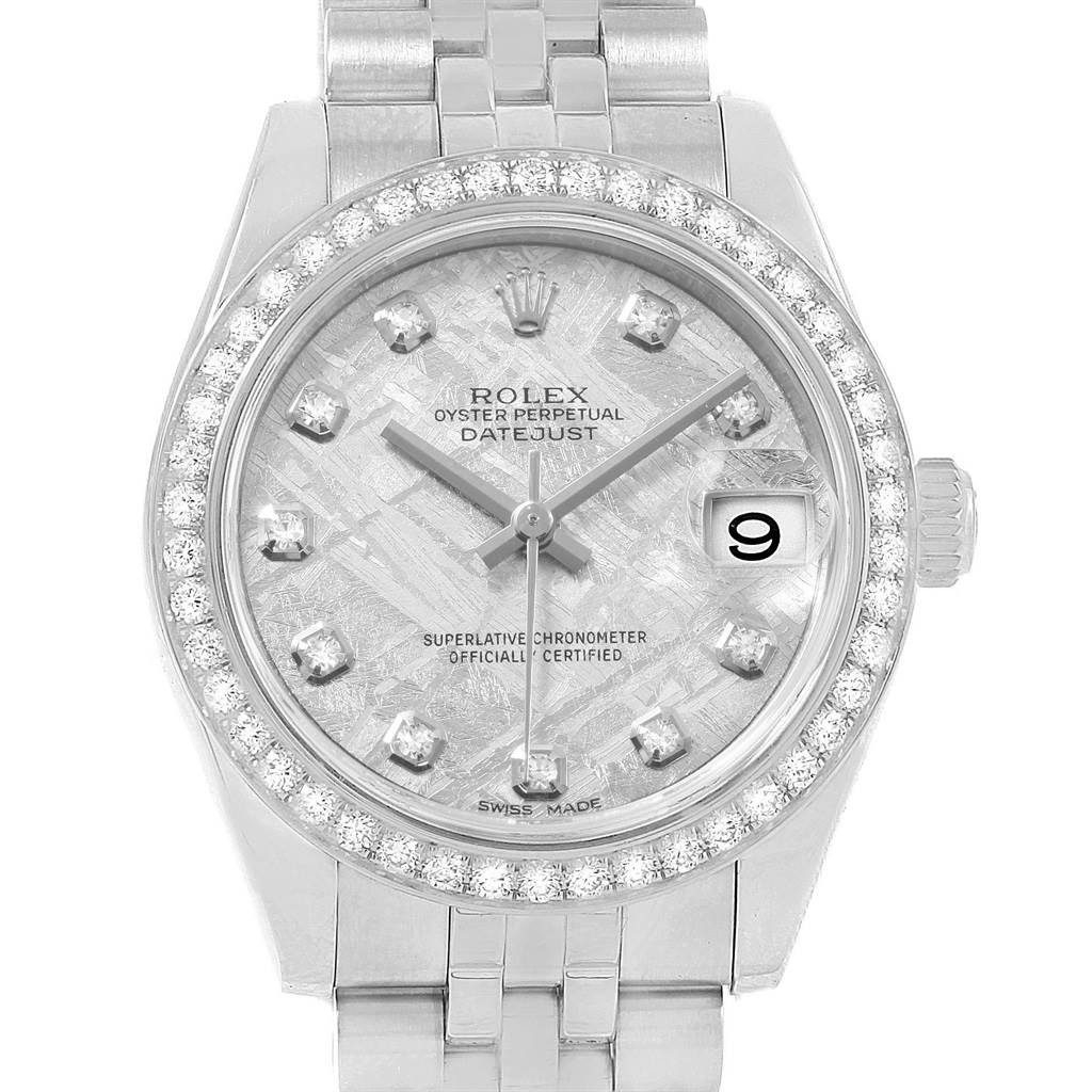 This image shows a front angle of the Rolex Mid-Size 178384 Men's Stainless Steel Silver Dial 178384 Men's Stainless Steel Silver Dial Oyster Perpetual Datejust watch, highlighting the face, bezel, and bracelet.