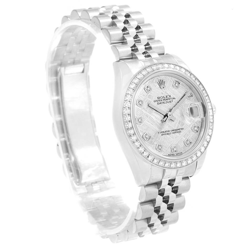 The image shows a Rolex Mid-Size 178384 Men's Stainless Steel Silver Dial 178384 Men's Stainless Steel Silver Dial Datejust watch from a front-left angle, featuring a diamond-encrusted bezel and silver metal bracelet.