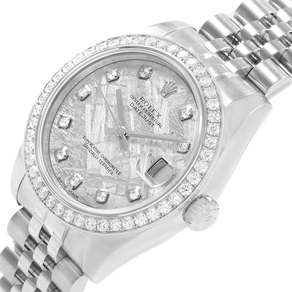 This image shows a close-up angle of a Rolex Mid-Size 178384 Men's Stainless Steel Silver Dial 178384 Men's Stainless Steel Silver Dial Oyster Perpetual Datejust watch, highlighting the dial, bezel, and bracelet.