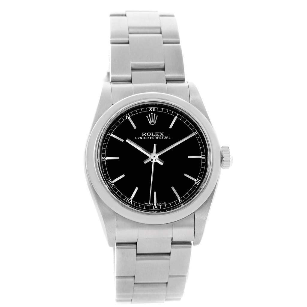 The image shows a front view of a Rolex Mid-Size 77080 Women's Stainless Steel Black Dial 77080 Women's Stainless Steel Black Dial Oyster Perpetual watch, including its bracelet, dial, crown, and case.