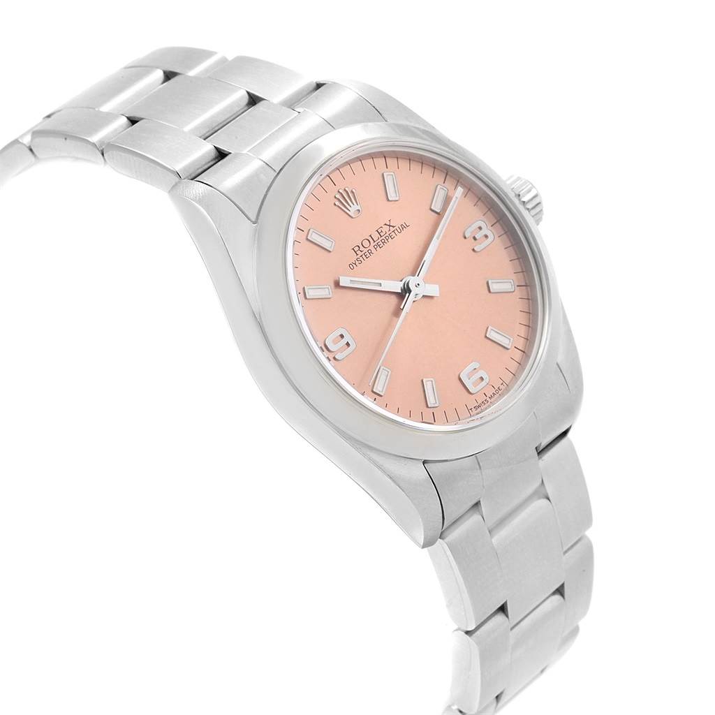 This image shows a side-angle view of a Mid-Size Rolex watch featuring its bracelet and dial.