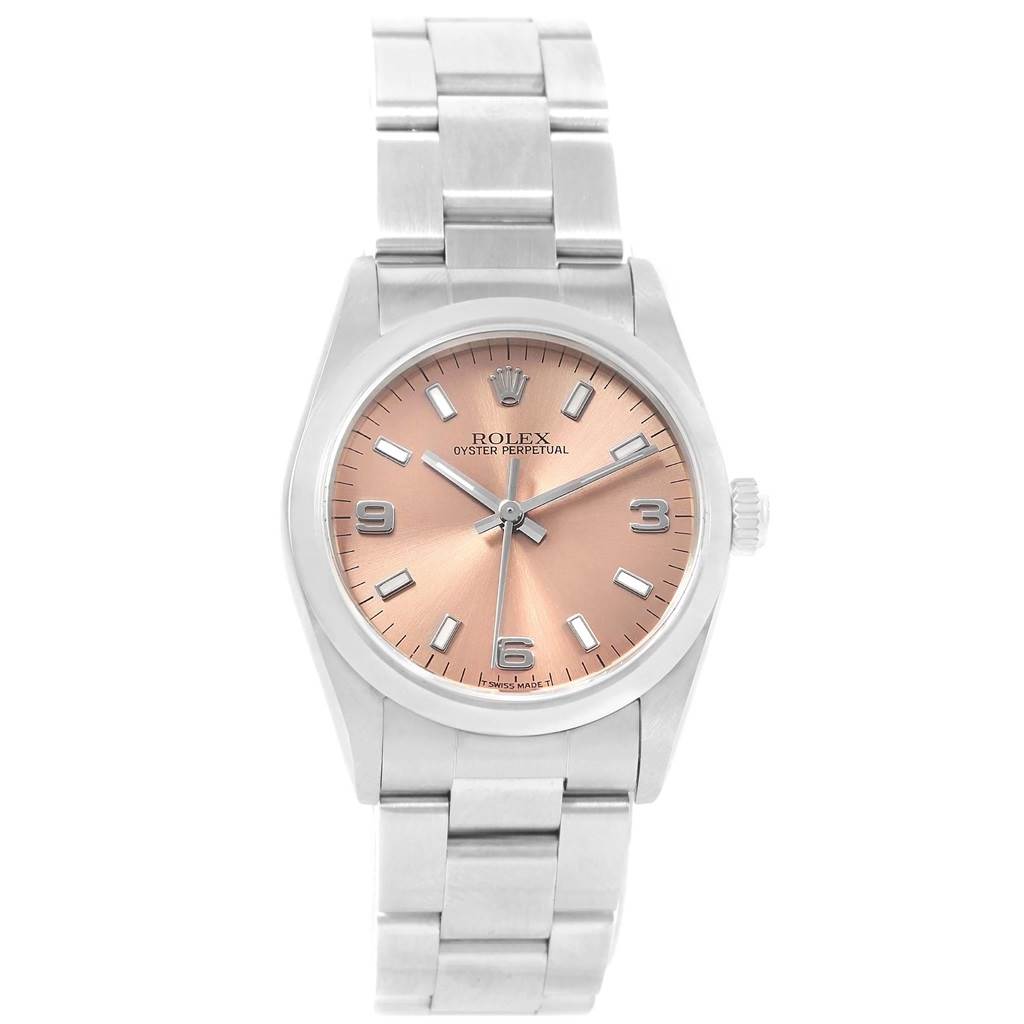The image shows a front view of the Rolex Oyster Perpetual Mid-Size watch with a pink dial and silver bracelet.