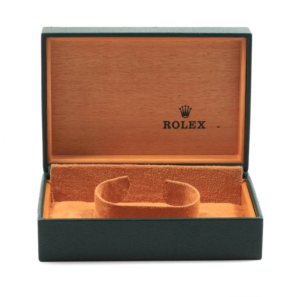 This image shows an open green and wooden Rolex watch box for a Mid-Size model, displaying the inner compartments.