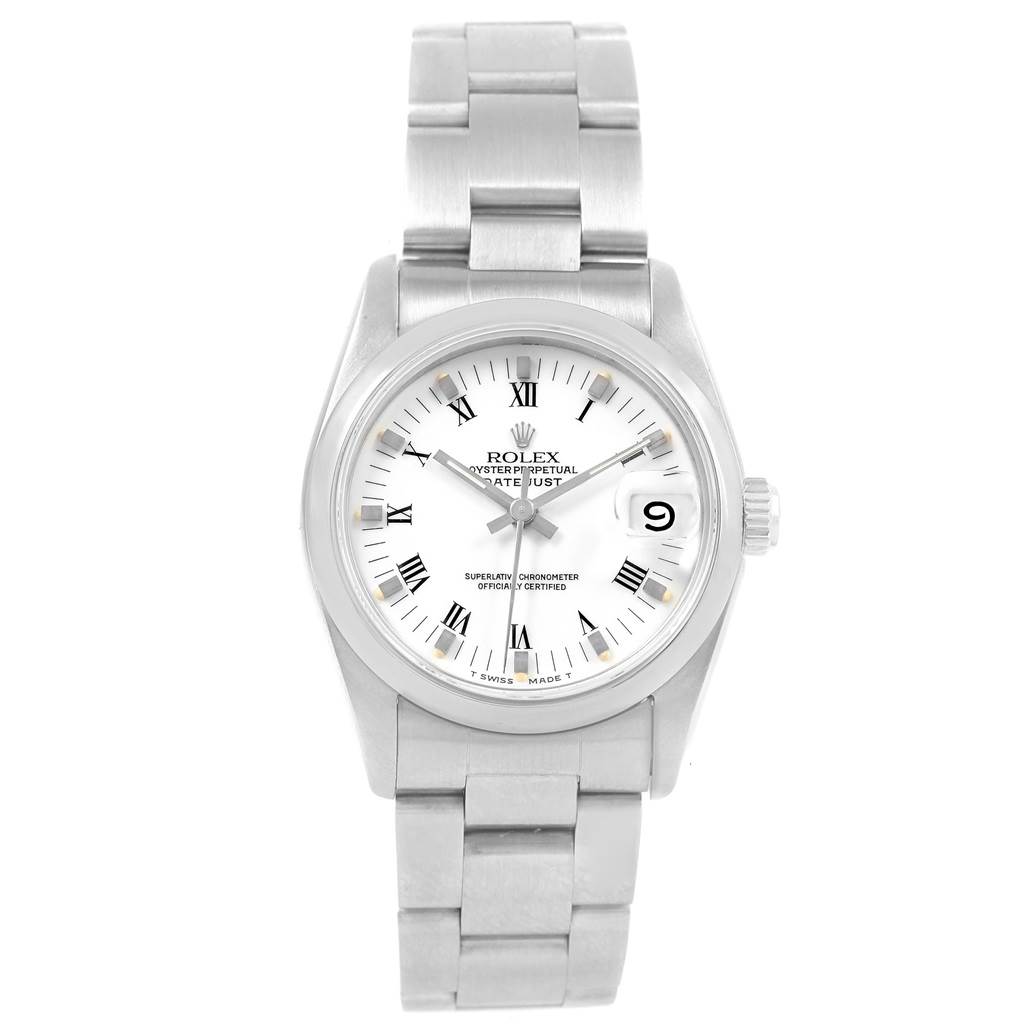 The image shows a frontal view of a Rolex Datejust Mid-Size watch, highlighting the dial, bezel, and band.