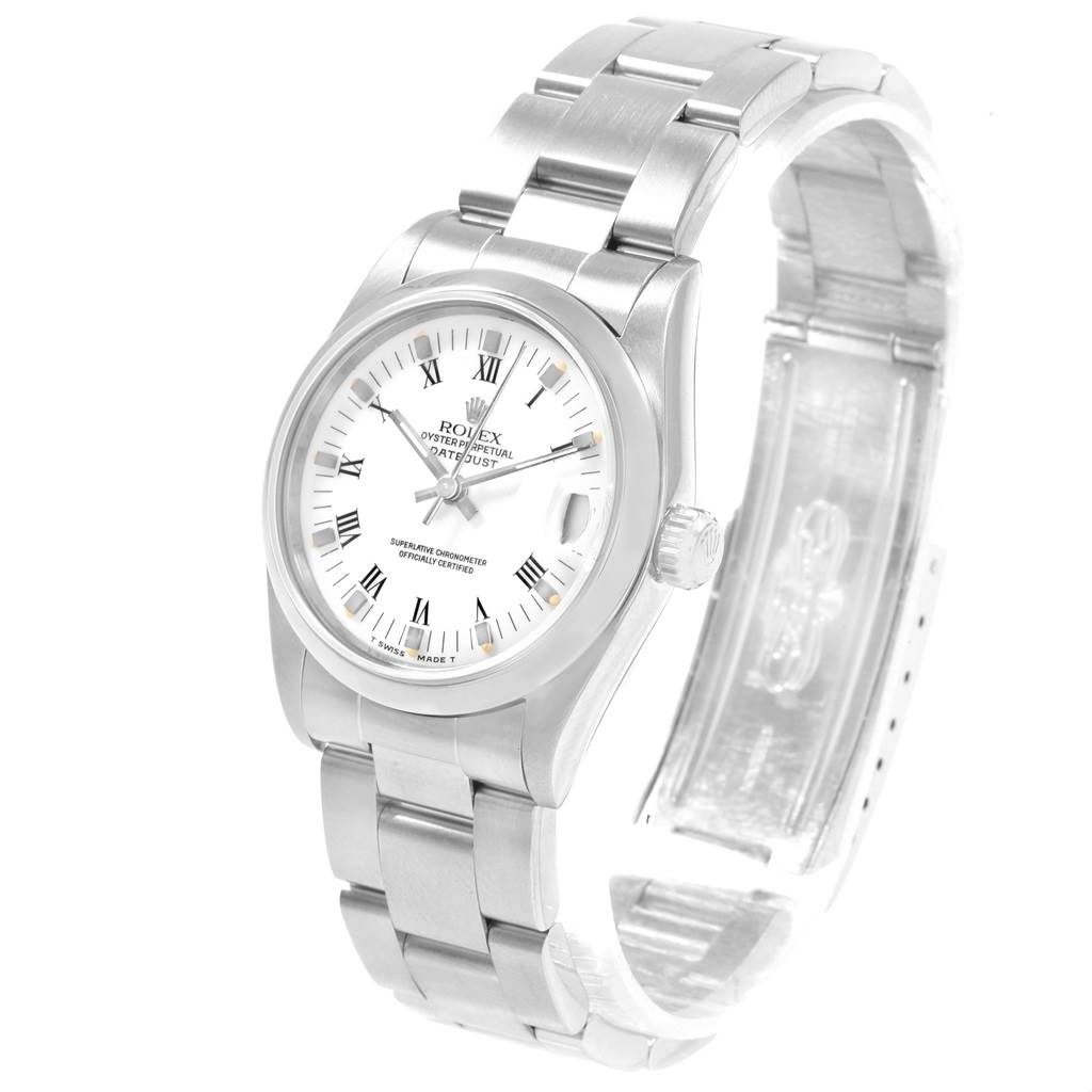 The Rolex Mid-Size 68240 Women's Stainless Steel White Dial 68240 Women's Stainless Steel White Dial Datejust is shown at a three-quarter angle, highlighting the dial, bezel, and bracelet.