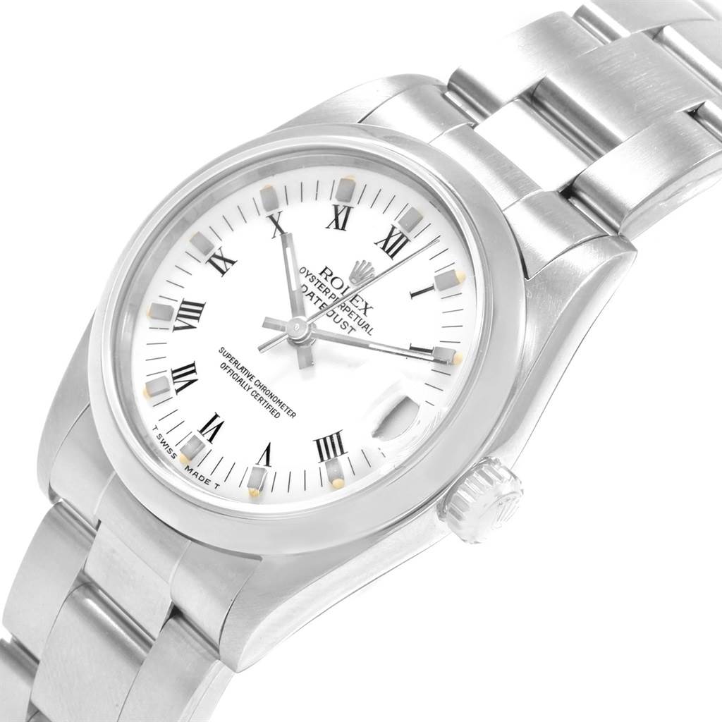 The image shows a Rolex Datejust Mid-Size watch angled to display the face, bezel, bracelet, and crown.