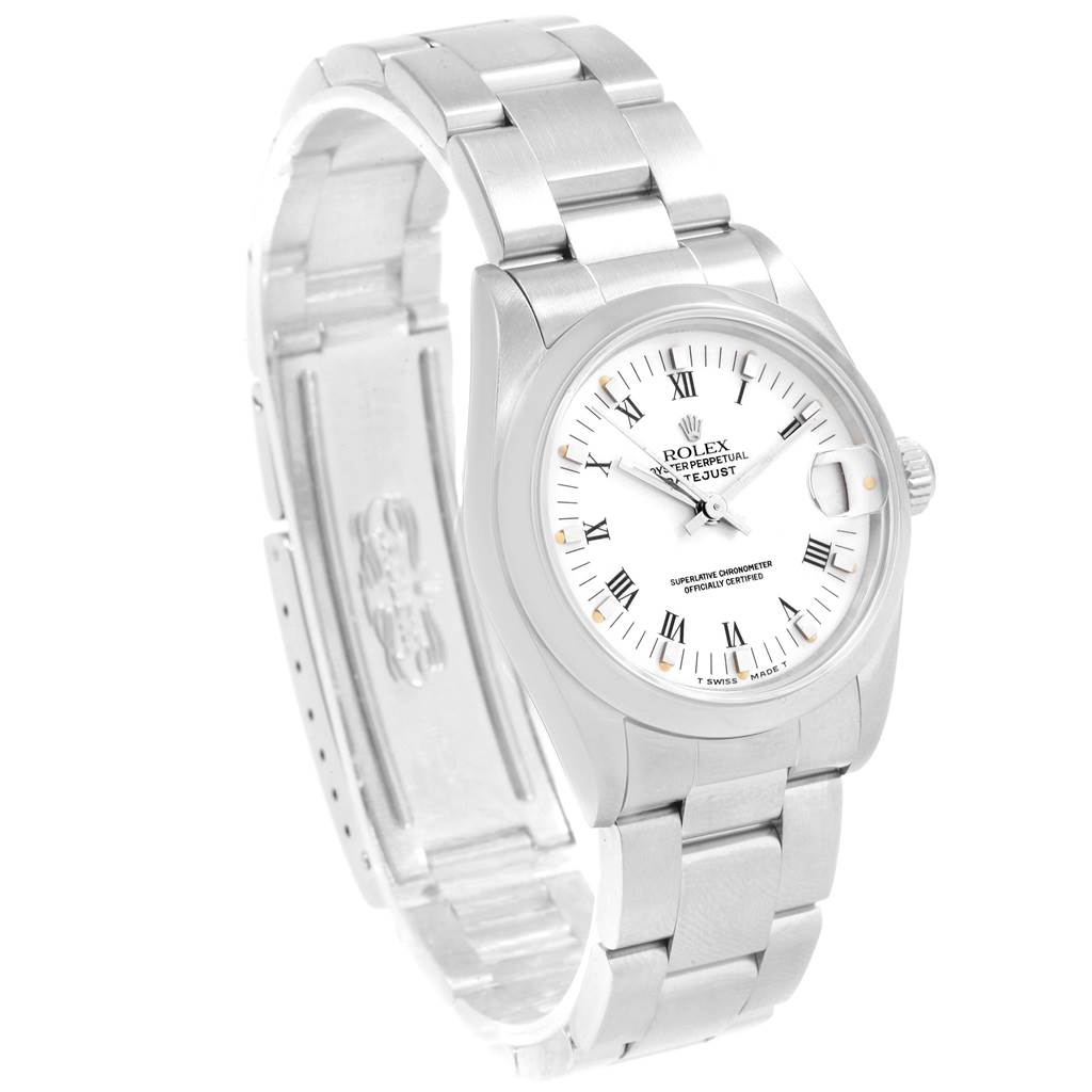 This image shows a close-up, angled view of a Rolex Mid-Size 68240 Women's Stainless Steel White Dial 68240 Women's Stainless Steel White Dial model watch, displaying its face, bezel, crown, and metal bracelet.