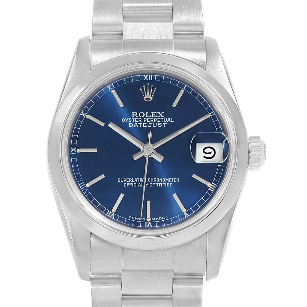 This image shows a front view of a Mid-Size Rolex Datejust watch with a blue dial and silver bracelet.
