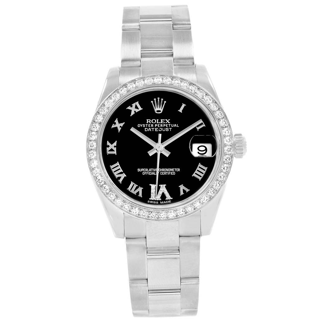 This image shows a front view of a Mid-Size Rolex Oyster Perpetual Datejust, displaying the dial, bezel, and bracelet.