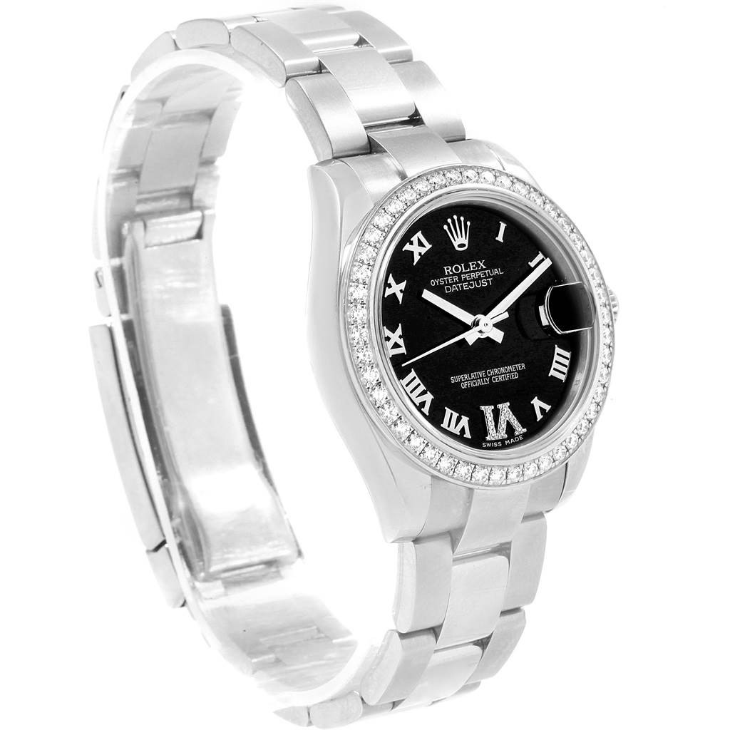 The image shows a Rolex Mid-Size 178384 Women's Stainless Steel Black Dial 178384 Women's Stainless Steel Black Dial Datejust model at a slight angle, highlighting the bracelet, case, and bezel.