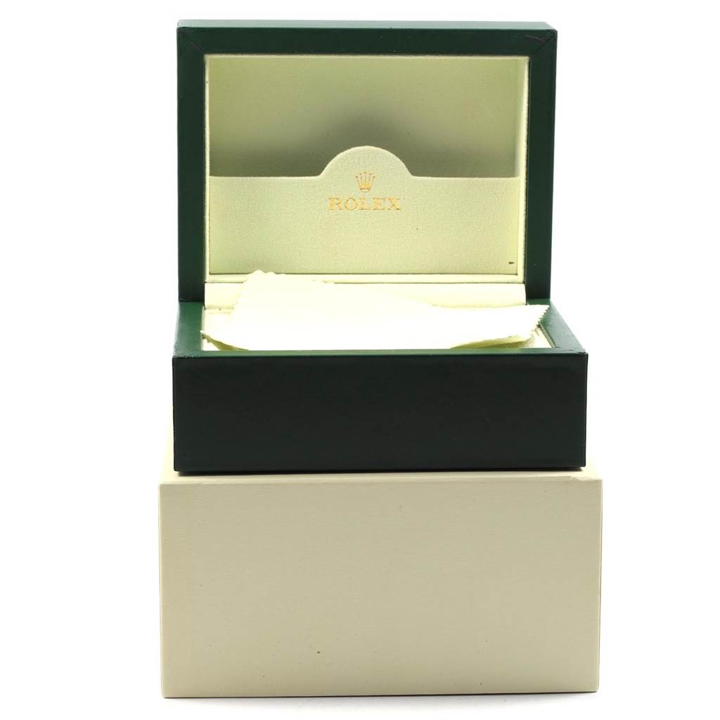 The image shows an open Rolex watch box for a Mid-Size model, displaying the interior and a cleaning cloth.