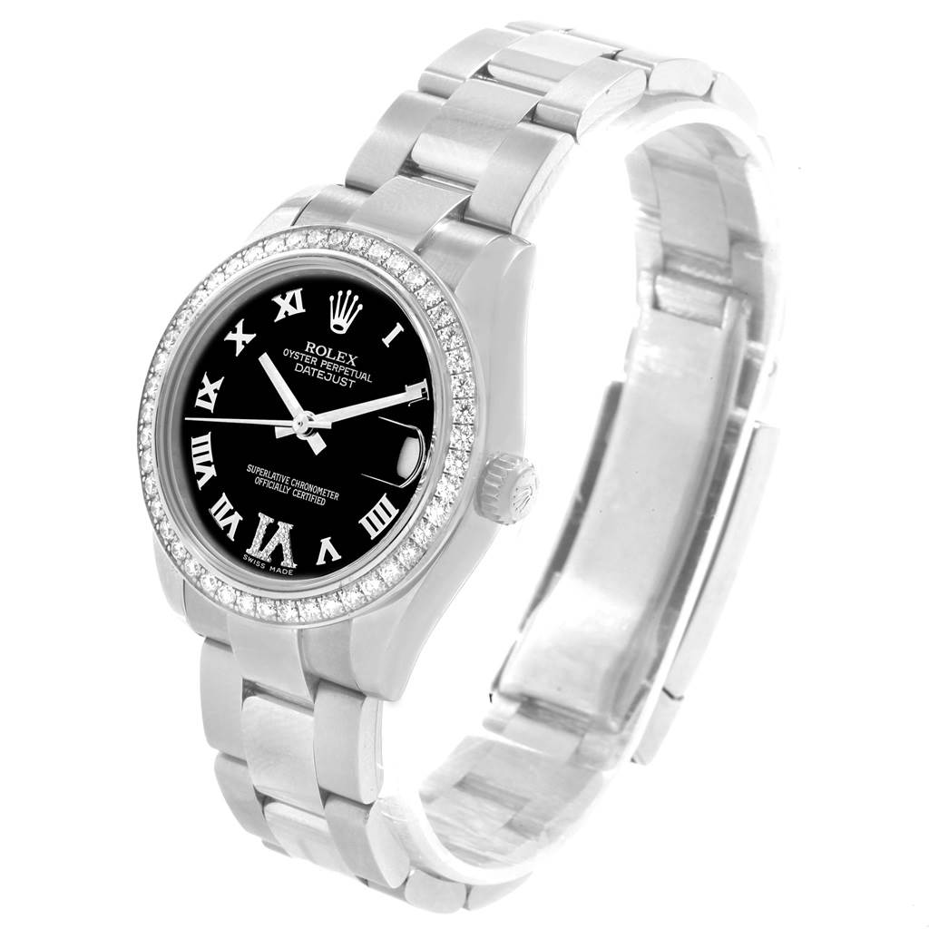 This is a side view of the Mid-Size Rolex watch showing the face, bracelet, and crown.