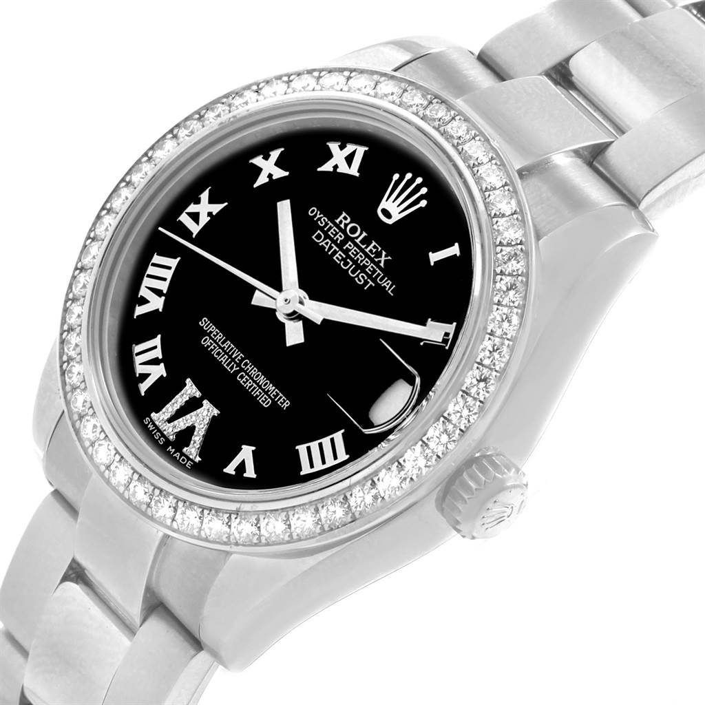 This image shows a close-up, angled view of the Rolex Mid-Size 178384 Women's Stainless Steel Black Dial 178384 Women's Stainless Steel Black Dial Oyster Perpetual Datejust watch, highlighting its bezel, face, and bracelet.
