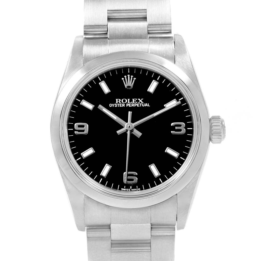 The image shows a front view of a Rolex Oyster Perpetual Mid-Size watch, highlighting its dial, hands, and bracelet.