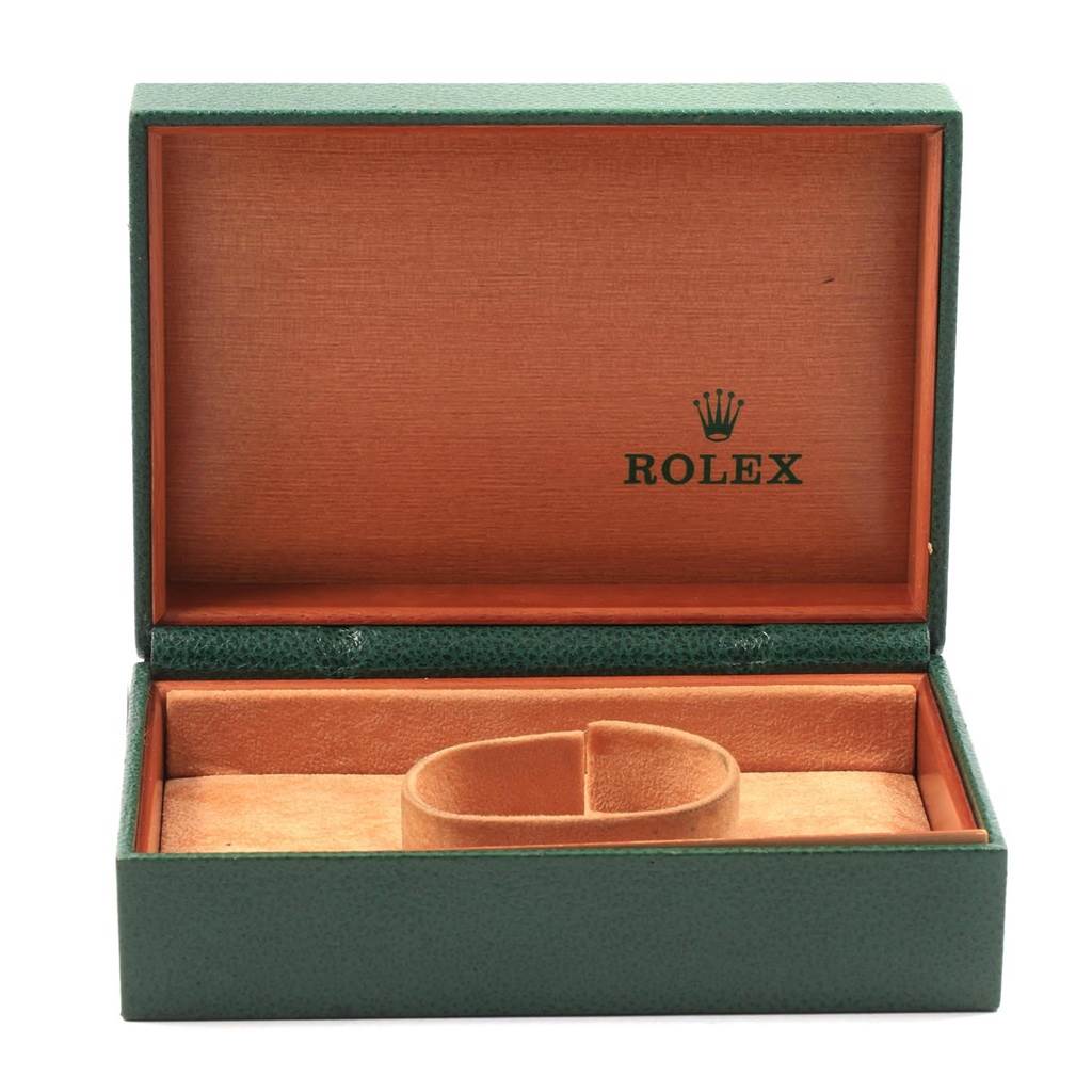 The image shows an open green Rolex box for a Mid-Size model watch, displaying the interior with a cushioned holder.