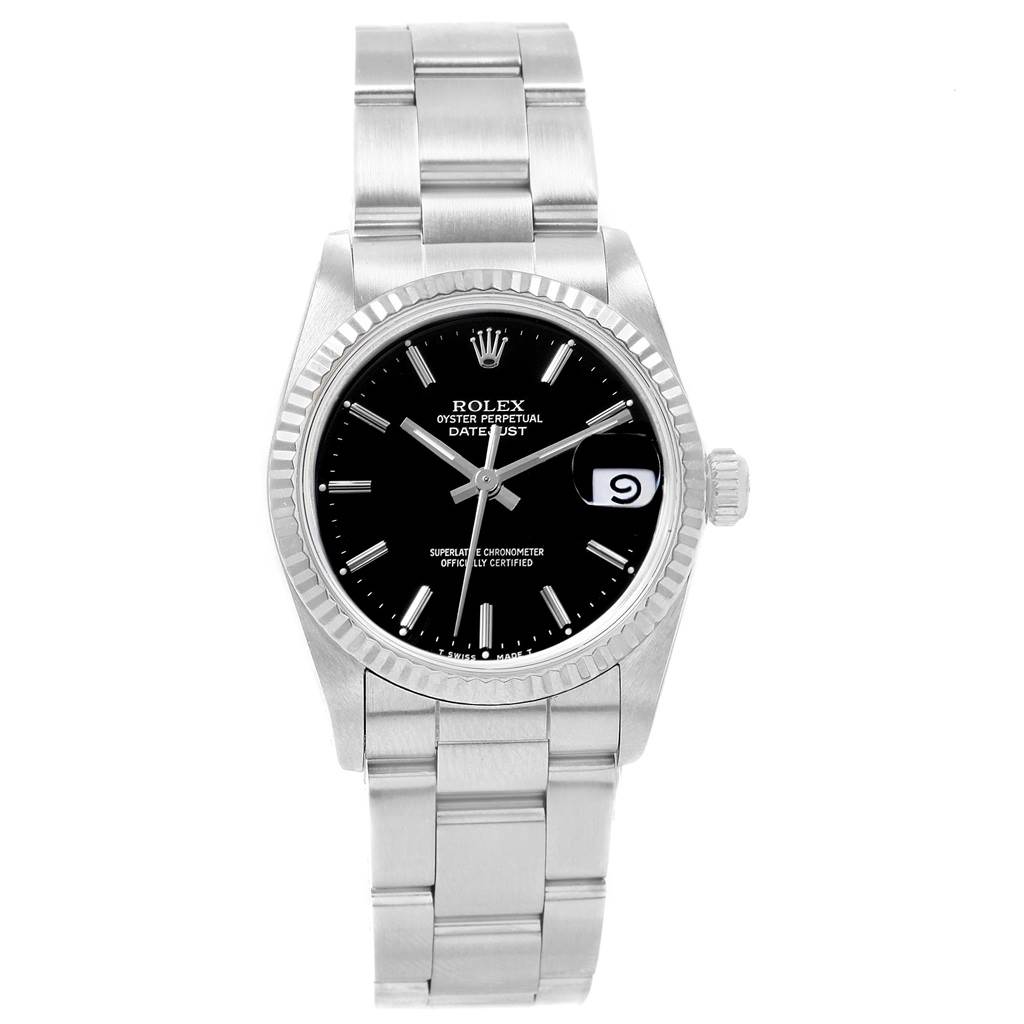 The image shows the front view of a Rolex Oyster Perpetual Datejust Mid-Size watch, highlighting its dial, bracelet, and bezel.