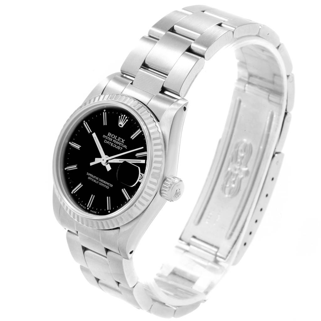 This image shows a Rolex Datejust Mid-Size watch from a three-quarters angle, highlighting its black dial, bezel, and bracelet.