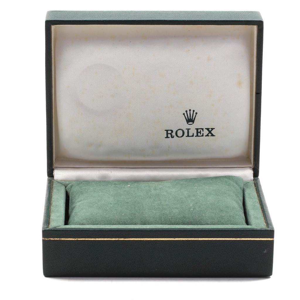 The image shows an empty Rolex watch box for a Mid-Size model, with an open lid displaying the brand logo inside.