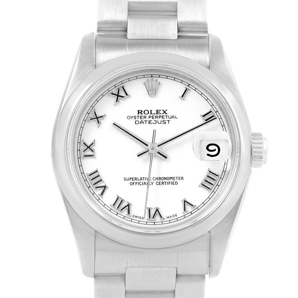 The image shows a front-facing view of a Rolex Mid-Size 78240 Women's Stainless Steel White Dial 78240 Women's Stainless Steel White Dial Datejust watch, highlighting its dial, bezel, and bracelet.