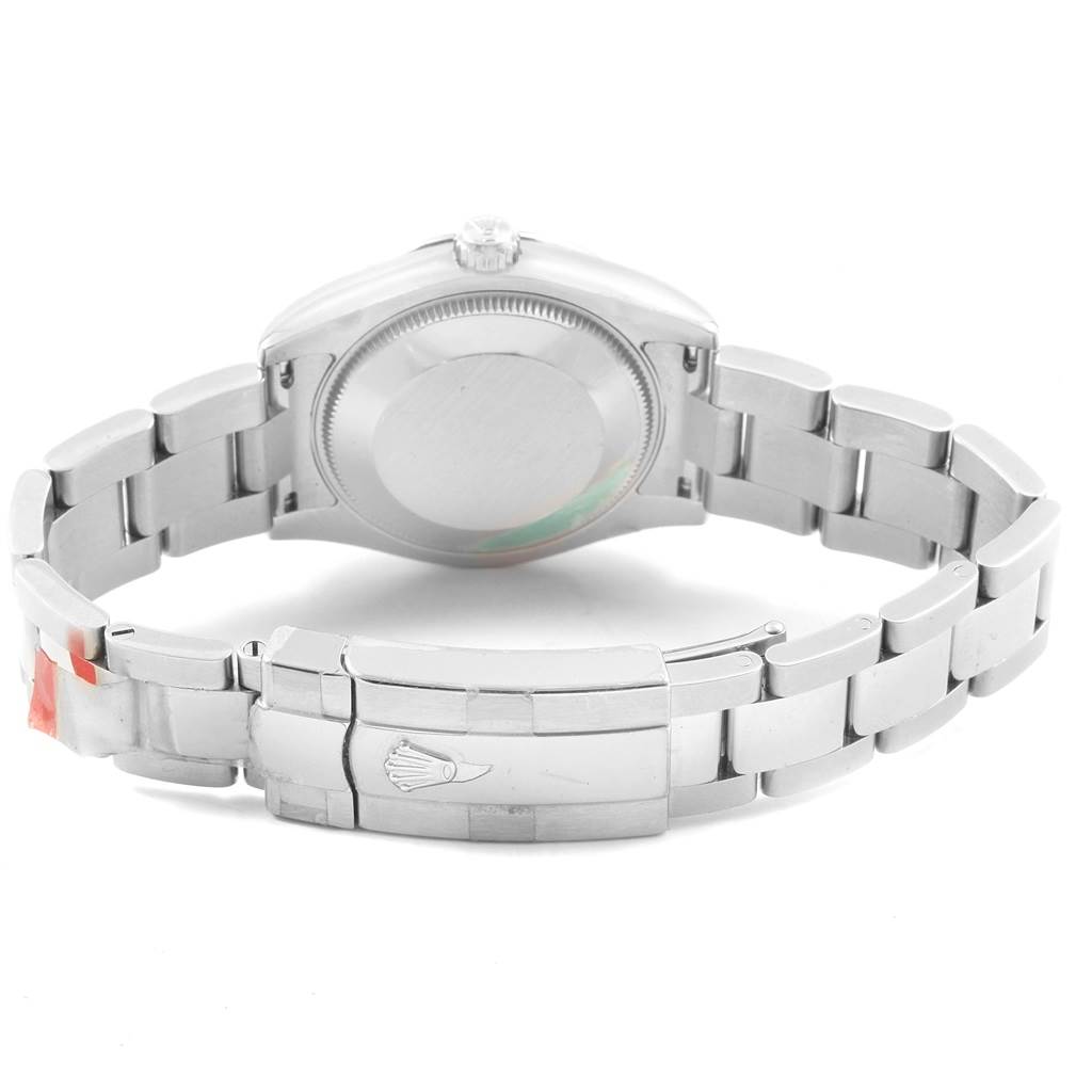 The image shows the back and clasp of a Rolex Mid-Size 178344 Women's Stainless Steel Mother of Pearl Dial 178344 Women's Stainless Steel Mother of Pearl Dial model watch from a slightly elevated rear angle.