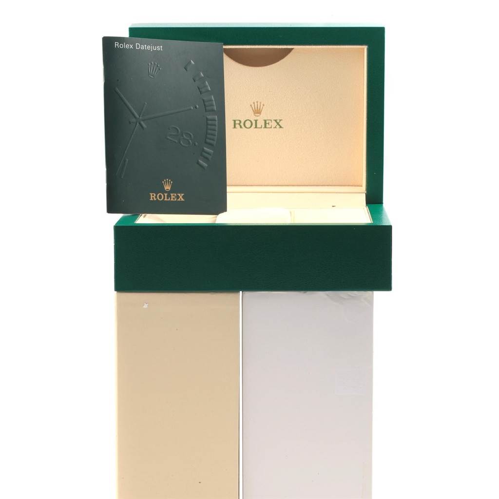 The image shows the open box for a Rolex Mid-Size 178344 Women's Stainless Steel Mother of Pearl Dial 178344 Women's Stainless Steel Mother of Pearl Dial watch with accompanying manual.