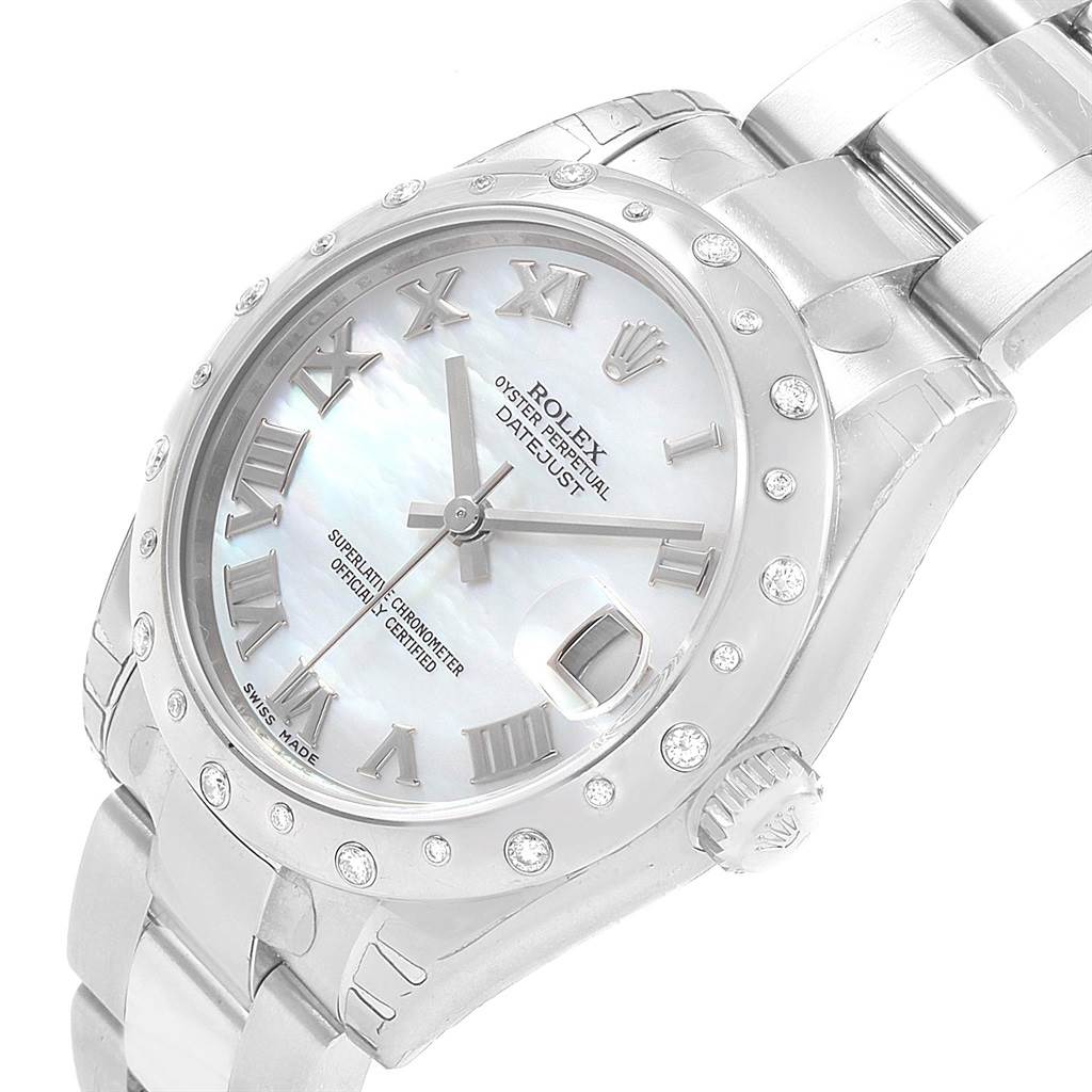 The image shows a front angle of a Rolex Oyster Perpetual Datejust Mid-Size watch, highlighting the dial, bezel, and part of the bracelet.