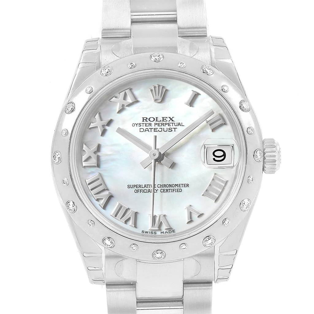 The image shows the face, bezel, and part of the bracelet of a Rolex Oyster Perpetual Datejust Mid-Size watch.