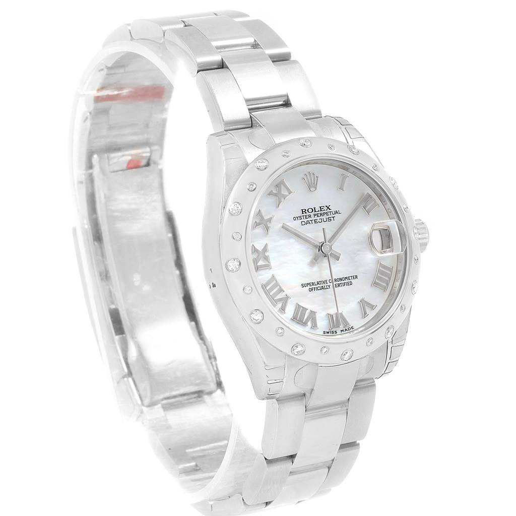 The image shows a Rolex Mid-Size 178344 Women's Stainless Steel Mother of Pearl Dial 178344 Women's Stainless Steel Mother of Pearl Dial Datejust watch from an angled side view, highlighting its bracelet, dial, and bezel.