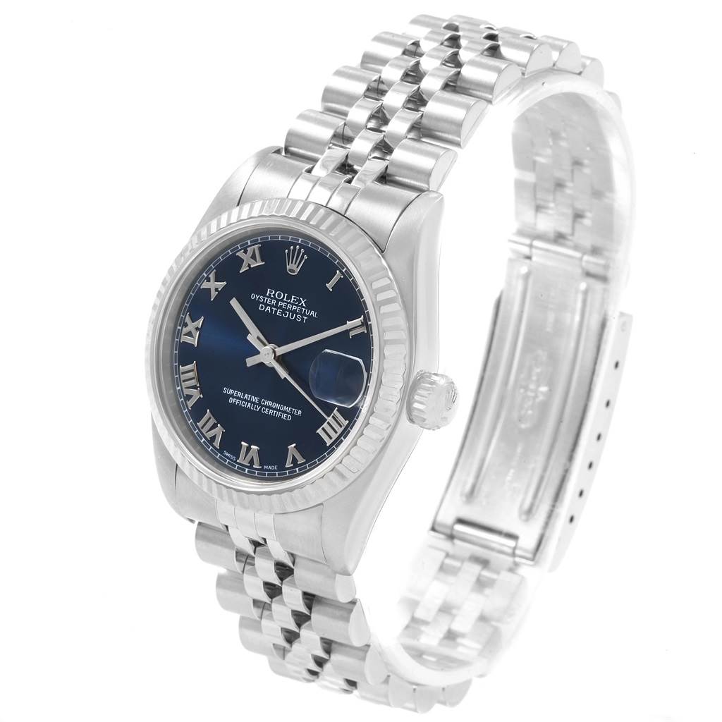 The Rolex Mid-Size 68274 Women
s Stainless Steel Blue Dial 68274 Women
s Stainless Steel Blue Dial Datejust watch is shown from a high angle, featuring the face, bezel, crown, and bracelet.