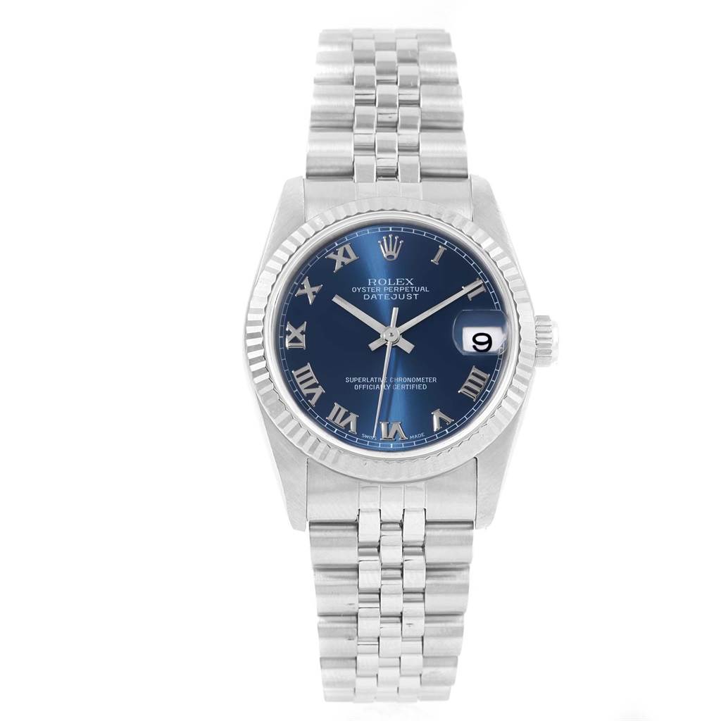 This Rolex Mid-Size 68274 Women
s Stainless Steel Blue Dial 68274 Women
s Stainless Steel Blue Dial Datejust watch shows a frontal view, including the dial, bezel, crown, and bracelet.