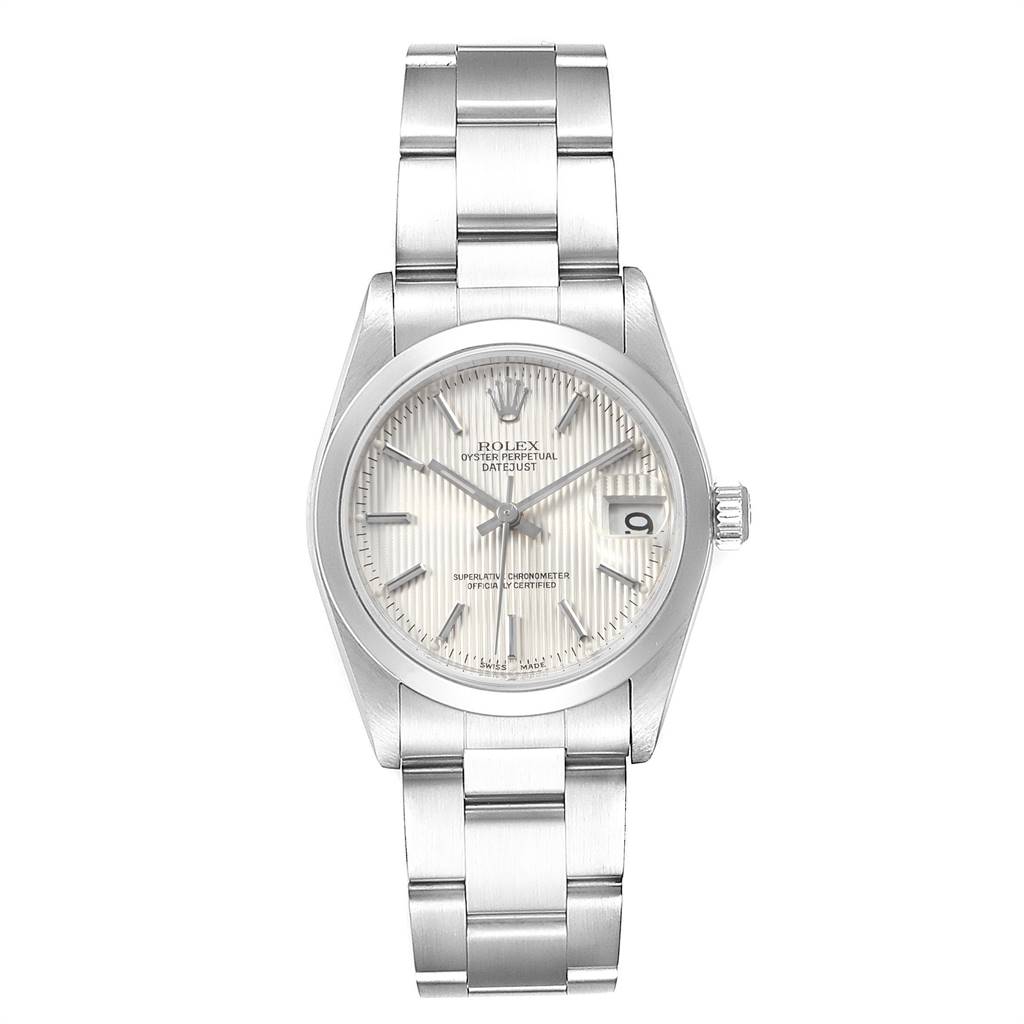The image shows the front view of a Rolex Mid-Size 78240 Women's Stainless Steel Silver Dial 78240 Women's Stainless Steel Silver Dial Oyster Perpetual Datejust watch with a silver dial and stainless steel bracelet.