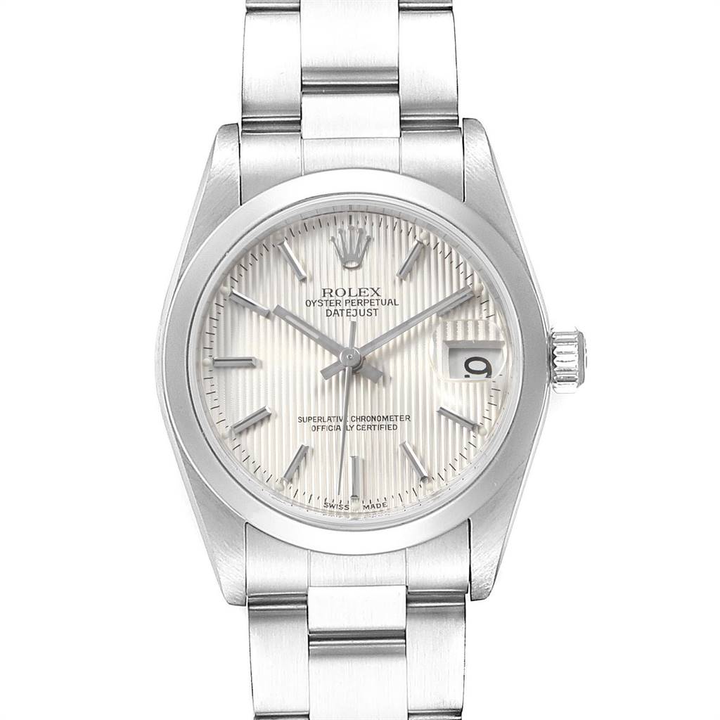 The image shows a front view of a Rolex Oyster Perpetual Datejust Mid-Size watch, highlighting the dial and bezel.