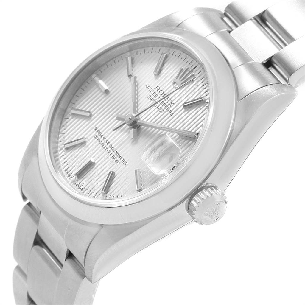The image shows a side view and partial front view of a Mid-Size Rolex Oyster Perpetual Datejust, focusing on the dial, crown, and bracelet.