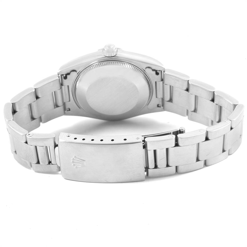 This image shows the back view of a Rolex Mid-Size 78240 Women's Stainless Steel Silver Dial 78240 Women's Stainless Steel Silver Dial model watch, highlighting its case back and bracelet with clasp.