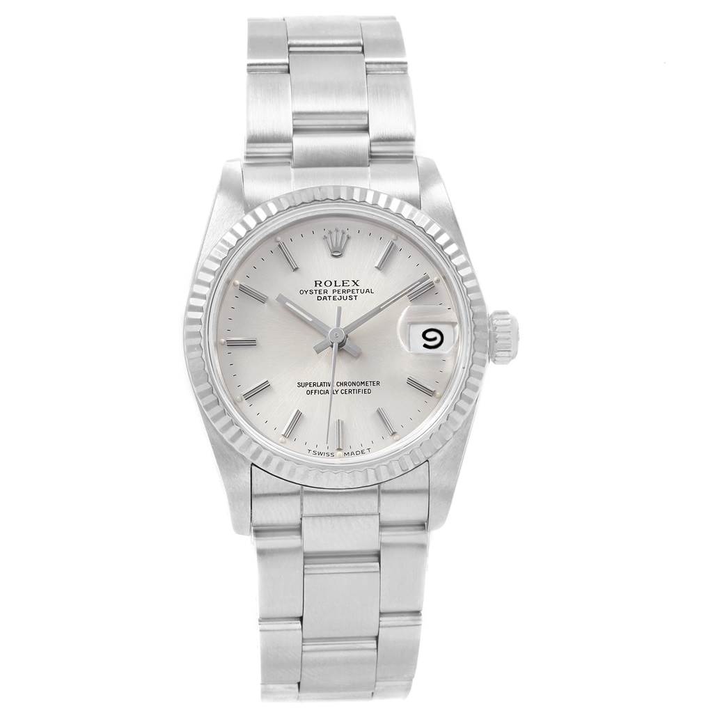 The image shows a front view of the Rolex Mid-Size 68274 Women
s Stainless Steel Silver Dial 68274 Women
s Stainless Steel Silver Dial Oyster Perpetual Datejust watch, displaying its dial, bracelet, and fluted bezel.