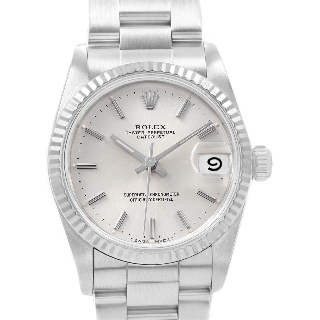 The image shows a front view of a Rolex Datejust Mid-Size watch, highlighting its dial, hands, date window, and part of the bracelet.