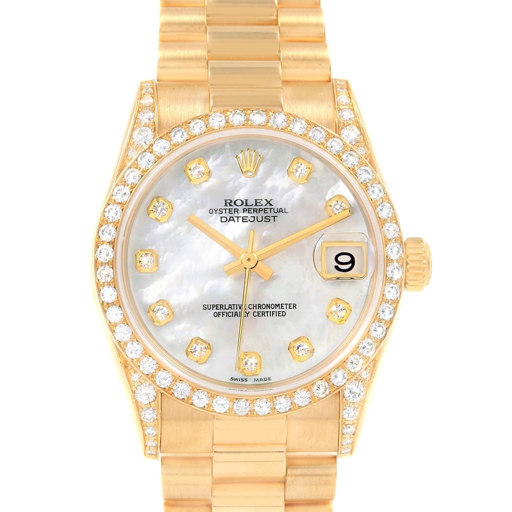 The image shows a front view of the Rolex Mid-Size 78158 Women's Yellow Gold Mother of Pearl Dial 78158 Women's Yellow Gold Mother of Pearl Dial Datejust watch with a gold bracelet, diamond bezel, and mother-of-pearl dial.