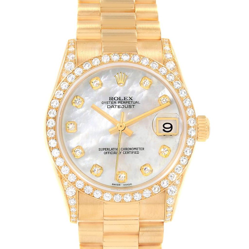 Rolex President Midsize Yellow Gold Diamond Dial Bezel Lugs Watch 78158 SwissWatchExpo