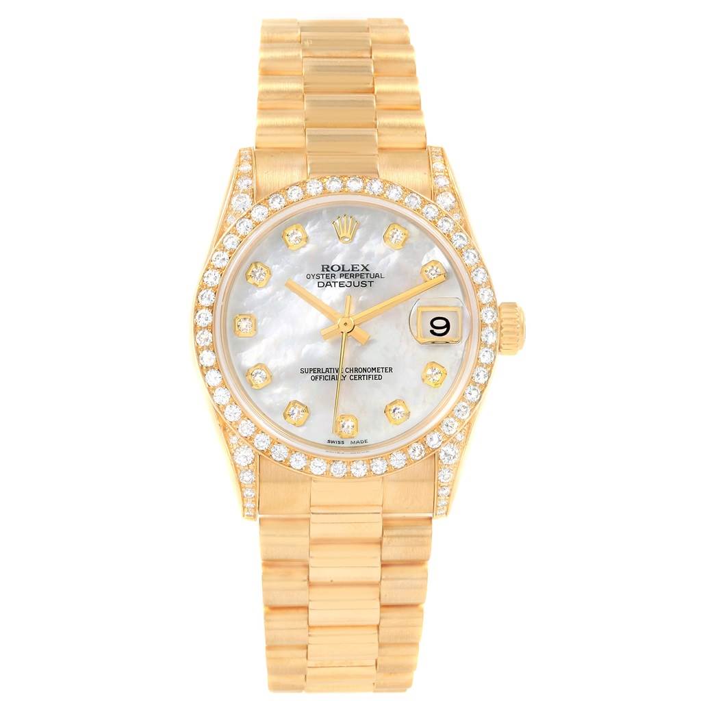 This image shows a front view of a Rolex Mid-Size 78158 Women's Yellow Gold Mother of Pearl Dial 78158 Women's Yellow Gold Mother of Pearl Dial Datejust watch, highlighting its dial, bracelet, and diamond-studded bezel.