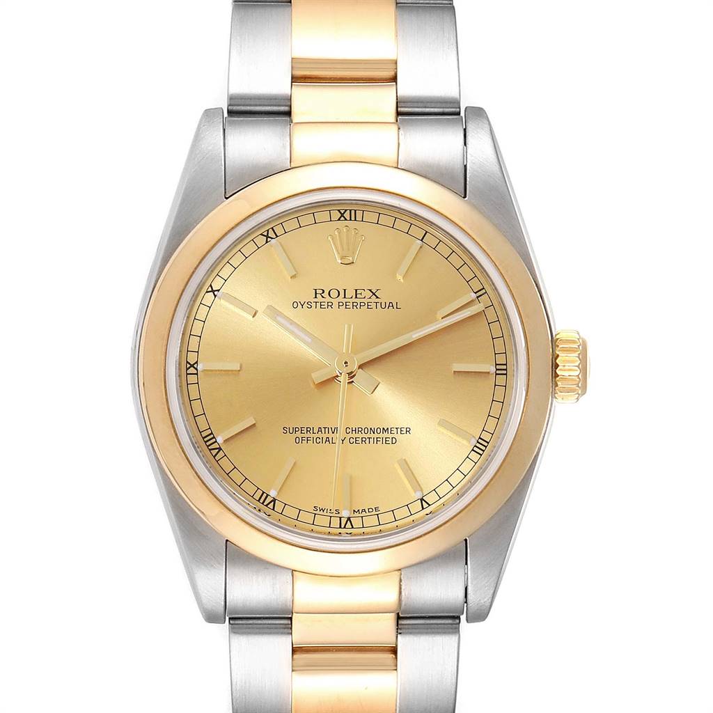 The image shows a head-on view of the Rolex Oyster Perpetual Mid-Size watch with a gold dial and a two-tone bracelet.