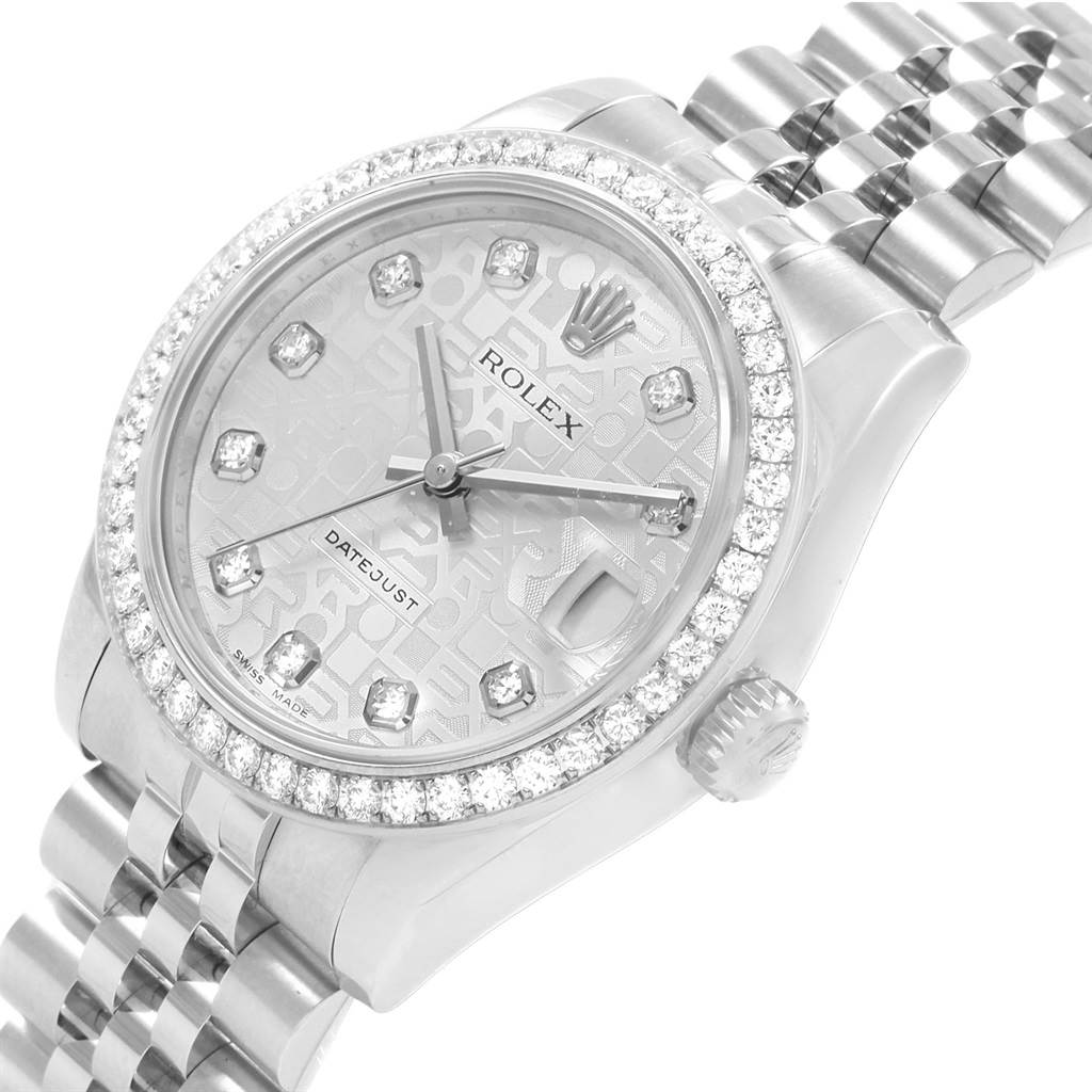 The image shows a Rolex Mid-Size 178384 Women's Stainless Steel Silver Dial 178384 Women's Stainless Steel Silver Dial Datejust watch from an angled top-down perspective, highlighting the face, bezel, dial, and part of the bracelet.