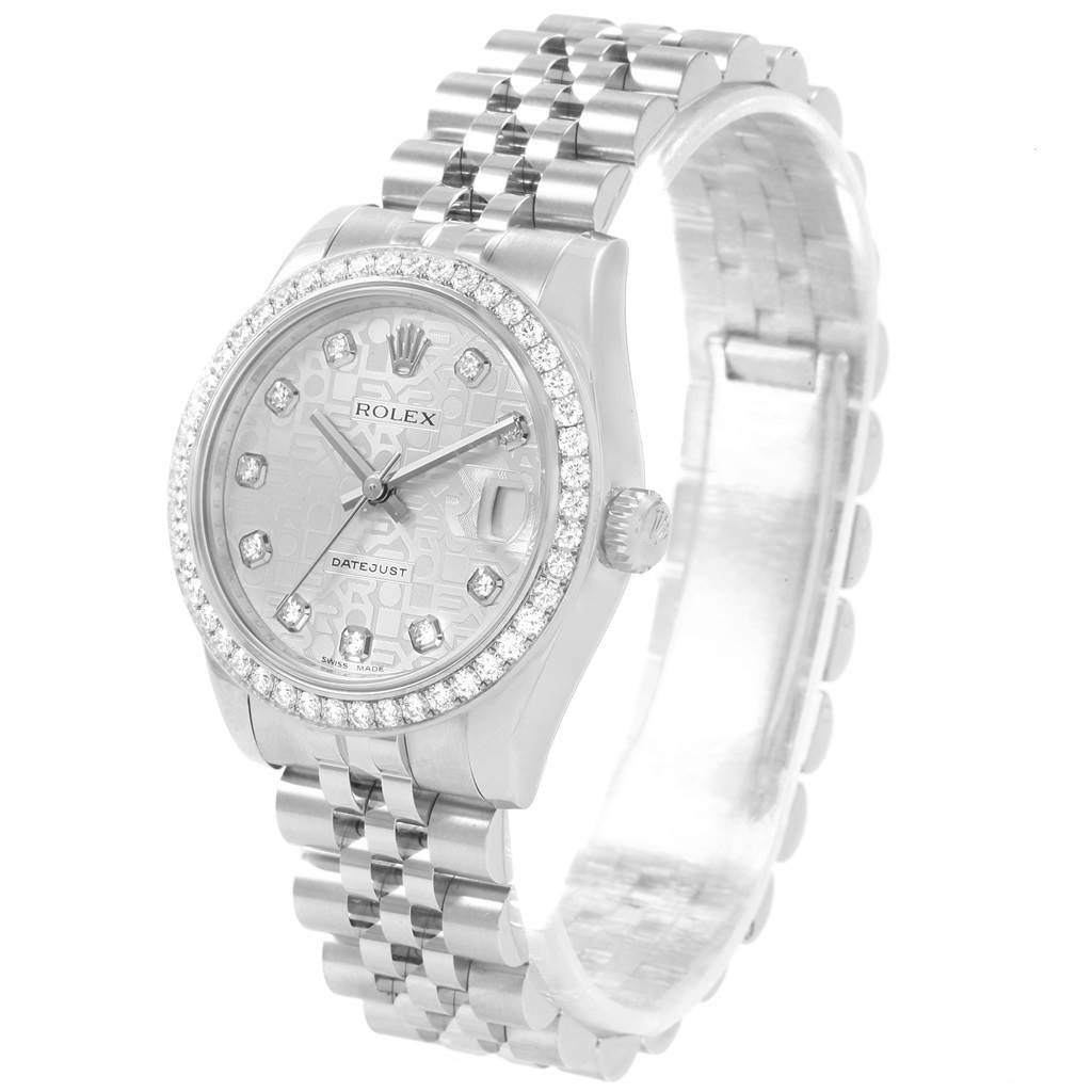 This Rolex Mid-Size 178384 Women's Stainless Steel Silver Dial 178384 Women's Stainless Steel Silver Dial Datejust watch is shown at a three-quarter angle displaying the face, bezel, crown, and part of the bracelet.