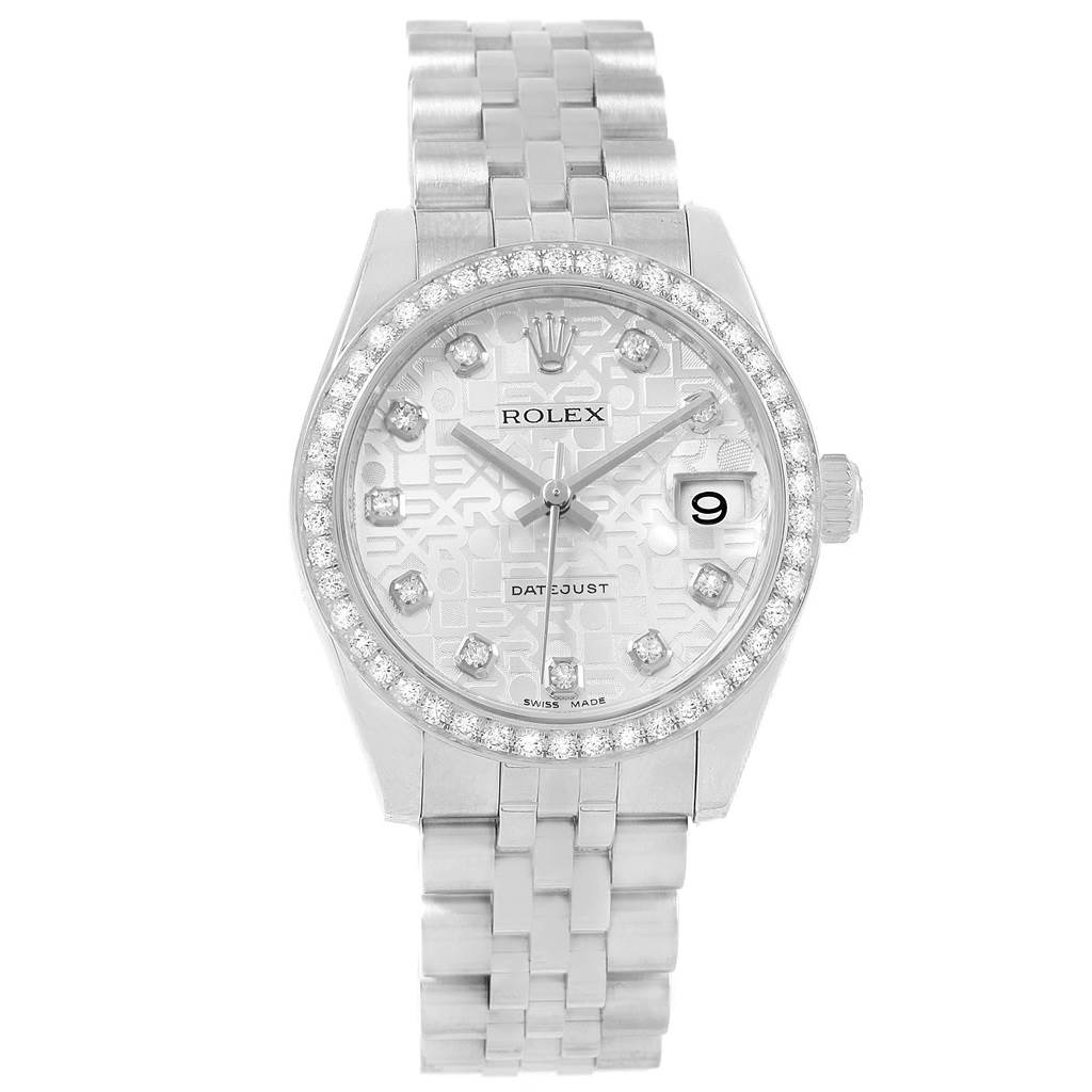 This image shows a front-angle view of a Rolex Mid-Size 178384 Women's Stainless Steel Silver Dial 178384 Women's Stainless Steel Silver Dial Datejust watch, featuring its dial, bezel, and bracelet.