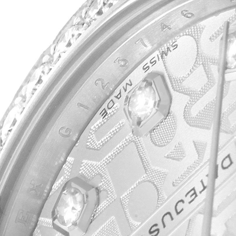 The image shows a close-up of a Rolex Mid-Size 178384 Women's Stainless Steel Silver Dial 178384 Women's Stainless Steel Silver Dial model, highlighting its bezel, dial details, and diamond hour markers.