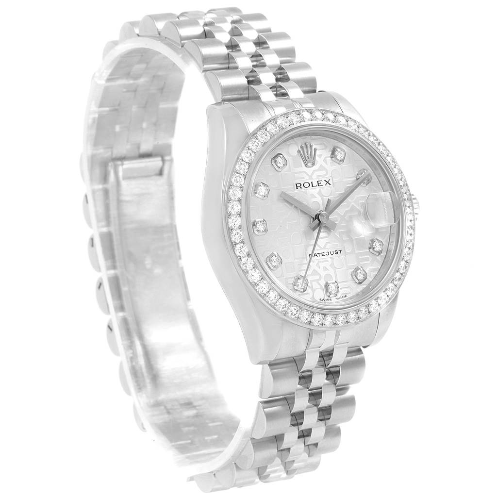 The image shows a Rolex Mid-Size 178384 Women's Stainless Steel Silver Dial 178384 Women's Stainless Steel Silver Dial model watch at a three-quarter angle, highlighting the face, bezel, and bracelet.