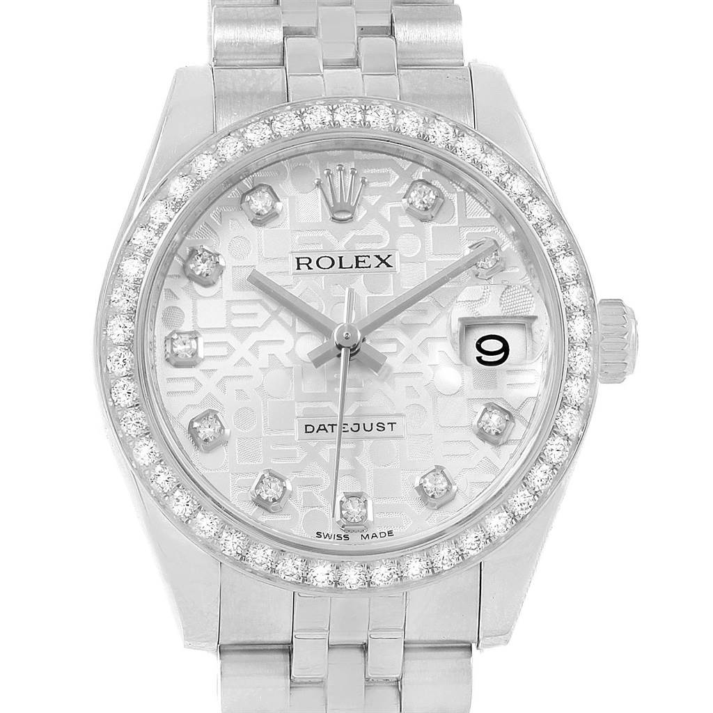 This image shows a front view of the Rolex Mid-Size 178384 Women's Stainless Steel Silver Dial 178384 Women's Stainless Steel Silver Dial Datejust watch, highlighting its dial, bezel, and bracelet.