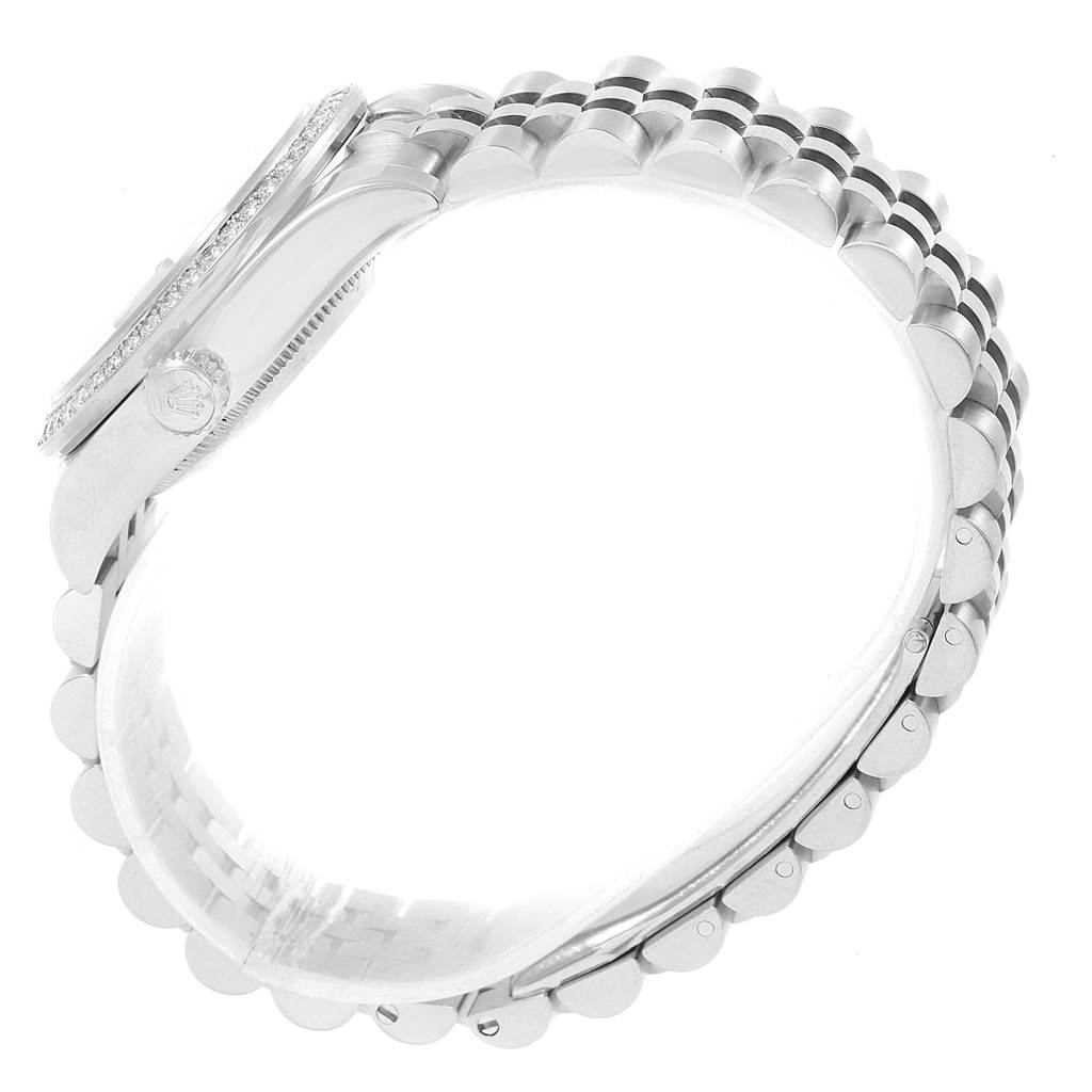 The image shows a side view of the Rolex Mid-Size 178384 Women's Stainless Steel Silver Dial 178384 Women's Stainless Steel Silver Dial watch, highlighting its bracelet and case side.